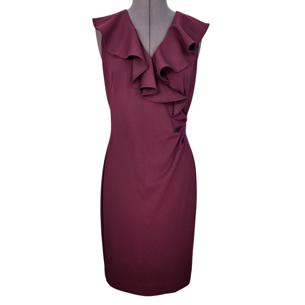 Lauren Ralph Lauren Burgundy Ruffle V-Neck Sheath Dress 2 Sleeveless Cocktail